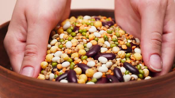 Closeup of Taking Mixture of White and Red Beans Chickpeas Mung and Lentils From Bowl