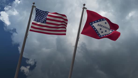 Waving Flags Of The United States And Arkansas  State Flag 4K