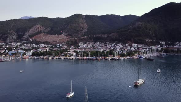 Cityscape of Fethiye Filmed From Seaside and Swimming Yachts and Boats By Drone