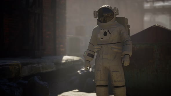 Lost Astronaut Near Abandoned Industrial Buildings of Old Factory alt