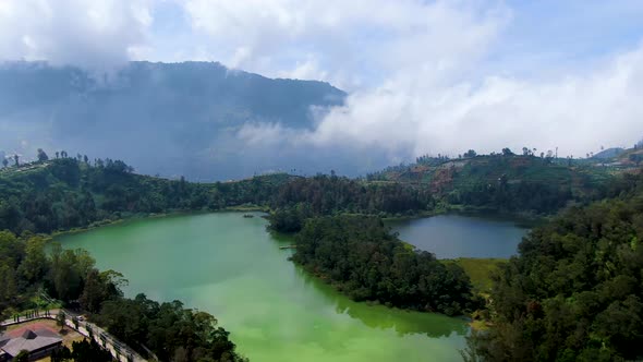 Aerial view of Telaga Warna on Dieng plateau in Central Java, Indonesia