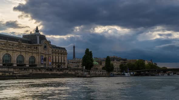 Stormy Day Over Paris Eiffel Tower Seine River and Boats Architecture