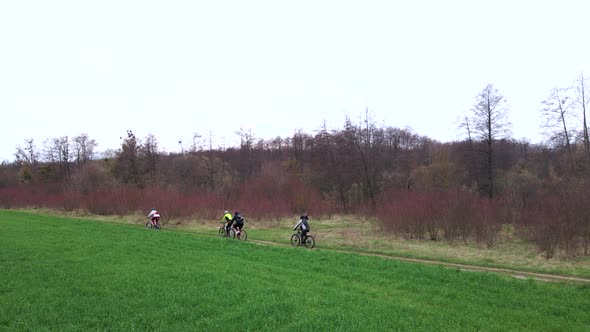 Aerial Shot of Young Sport Men Ride Bicycles on Countryside Road Near Green Field at Spring Cloudy