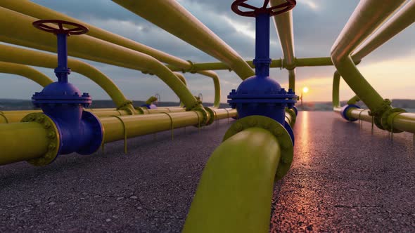 Many gas pipes with Huge faucets outdoors on a sunny day in summer