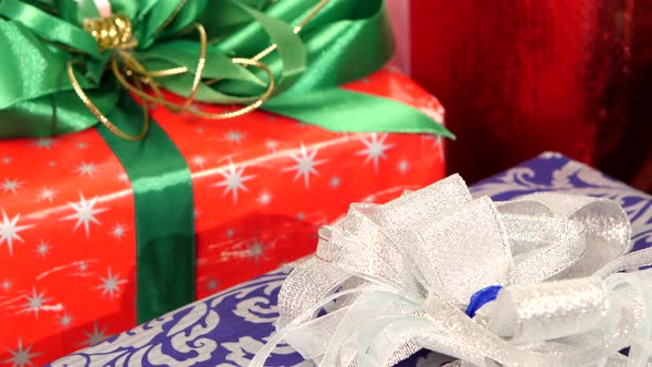 Lot of Boxes, Gifts Tied with Ribbons and Bows Isolated on White Background, Close Up