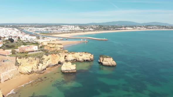 Wide view over Old Town Lagos and Coastline near Praia do Estudante, Algarve, Portugal