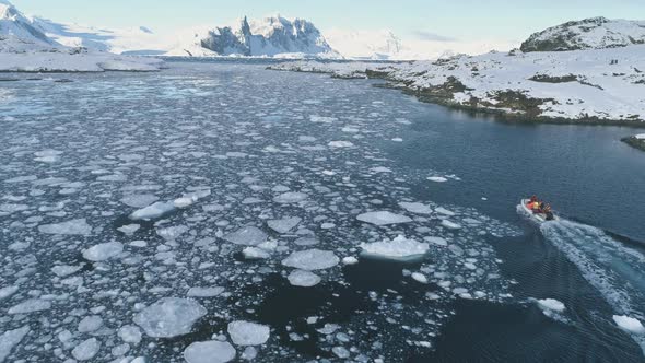 Zodiac Boat in Antarctica Ocean Aerial Shot