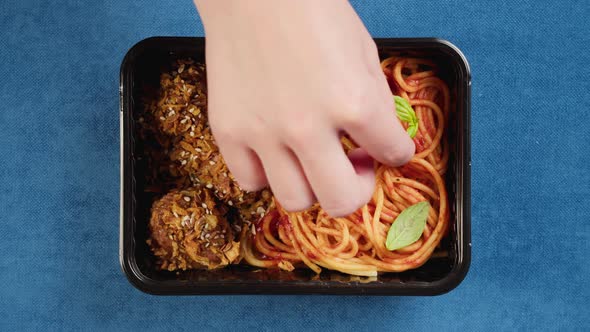 Italian Spaghetti with Meat in Lunch Box Closeup