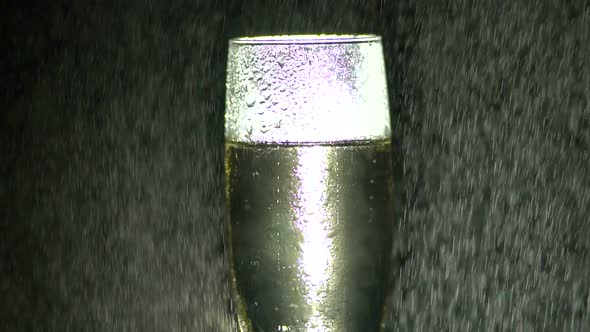 Small Drops of Water Fall on a Glass of Champagne