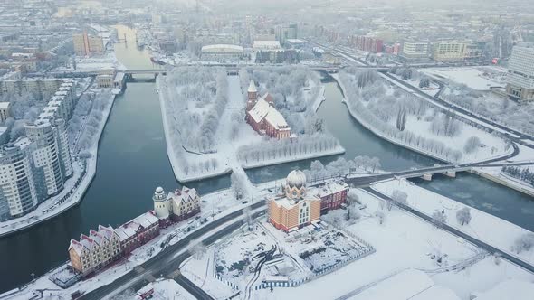 Aerial: The Cathedral in the snow-covered city of Kaliningrad, Russia