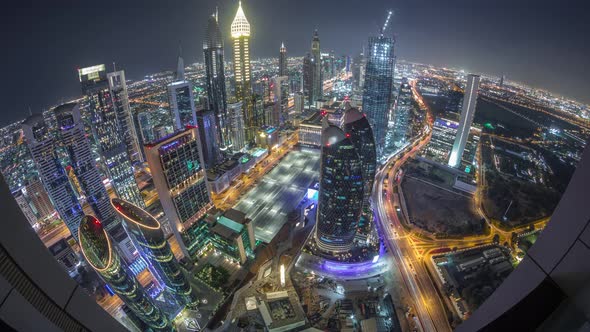 Skyline of the Buildings of Sheikh Zayed Road and DIFC Aerial Night Timelapse in Dubai UAE