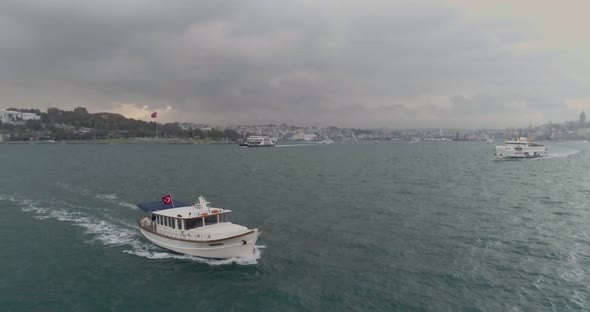Boat And Ferry Sailing Bosphorus Aerial View