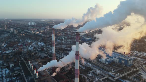 Industrial pipes factory pollution atmosphere, smokestack exhaust gases.