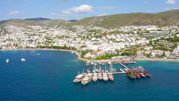 Aerial View of Bodrum Harbor and Sailboads on Turkish Riviera