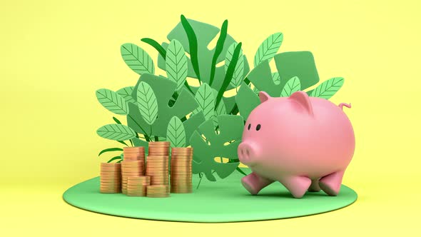Piggy bank on an island with plants and currency coins
