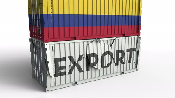 Container with Flag of Colombia Breaks Container with EXPORT Text