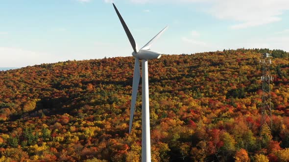 Windmill turbine wind farm aerial during beautiful autumn leaf season