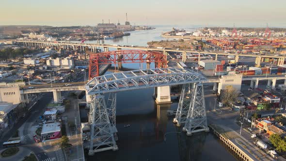 Aerial pan of Puente Transbordador and surrounding area, Buenos Aires