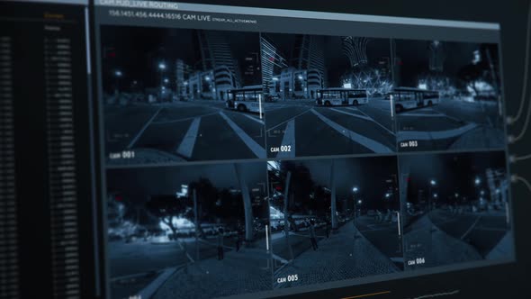 Futuristic spying system broadcasting live feed from surveillance cameras alt