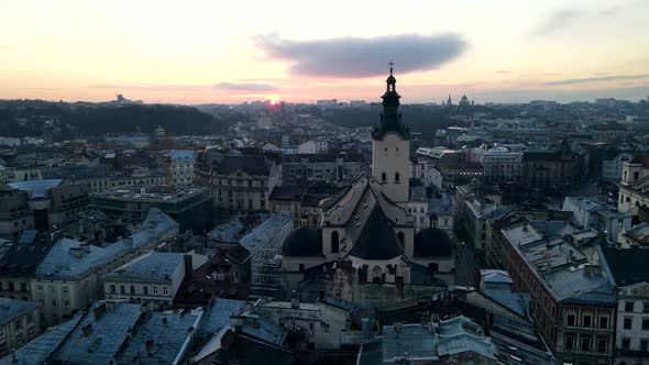 Aerial View of Winter Lviv City on Sunset