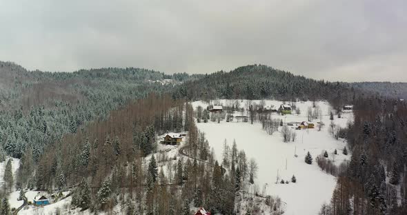 Forest Covered with Snow Aerial View. Aerial View of Village in Mountains