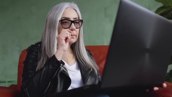 Beautiful Concentrated Stylish Senior Woman in Glasses Working with Computer, Sitting in Soft Chair