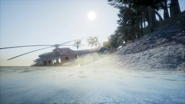 Old Rusted Military Helicopter Near the Island