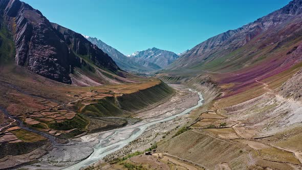 Aerial Shot of Pin Valley National Park with Colourful Shades on Mountains and Pin River Flowing 