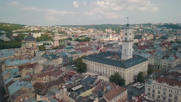 Aerial Drone Video of European City Lviv, Ukraine. Rynok Square, Central Town Hall, Dominican Church
