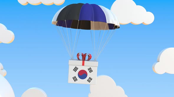 Carton with Flag of South Korea Falls with a Parachute
