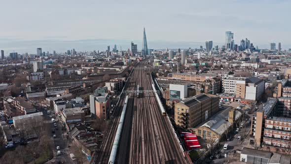 UK National rail trains London bridge station aerial drone shot