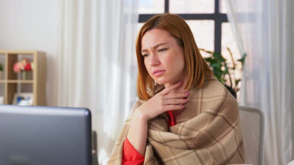 Sick Woman Having Video Call on Laptop at Home