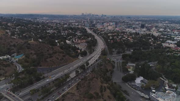 Los Angeles Skyline in Morning. Traffic on Highway. California, USA. Aerial View