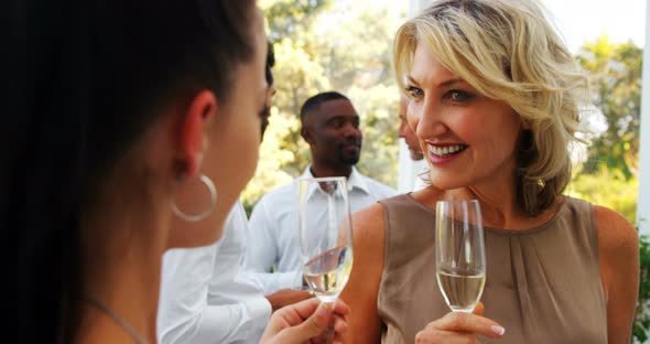 Friends interacting with each other while having champagne