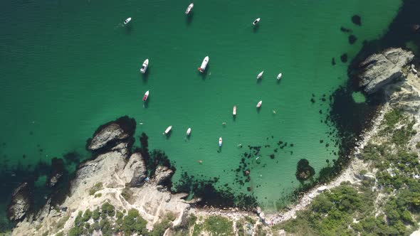 Aerial Panoramic View of Seascape with Crystal Clear Azure Sea and Rocky Shores