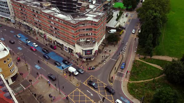 Drone View of a Busy Street Near Clapham Common in London