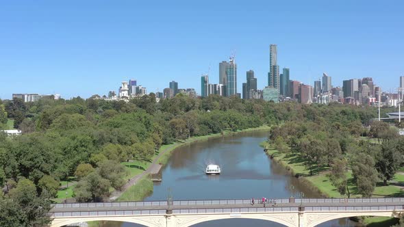 Melbourne City Australia and Yarra River Aerial Reveal