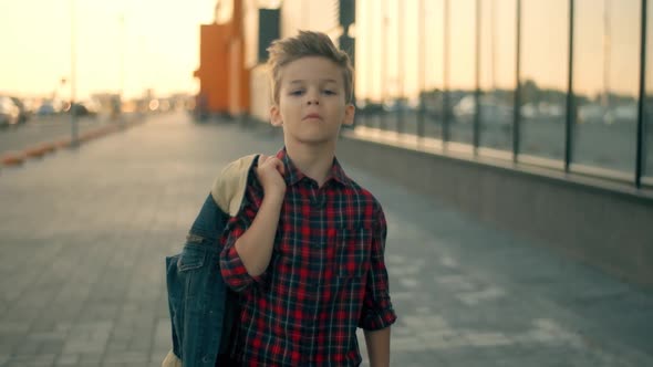 Alone Little Boy Is Walking Down the Street and Thinking. Face of a Little Serious Sad Boy Being