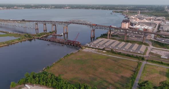 Aerial of cars traveling over the Calcasieu River Bridge in Lake Charles, Louisiana