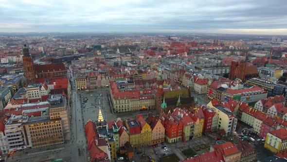 Aerial: Old town of Wroclaw at evening time