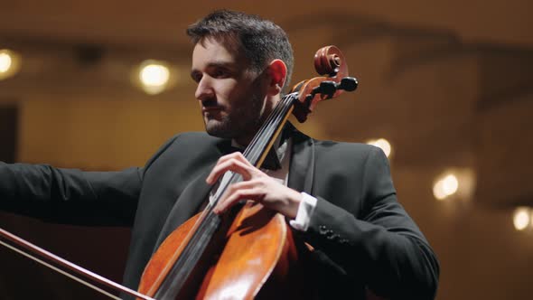 Male Musician is Playing Cello in Philharmonic Hall Concert of Classical Music Portrait of Man with