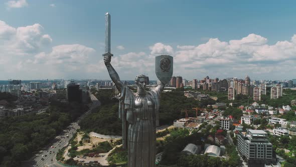 Stainless Steel Sculpture of Motherland on Bank of Dnieper River, Kiev, Ukraine.