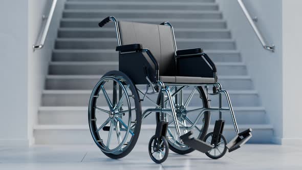 Footage of empty wheelchair next to wide stairs. Concept of health problems.