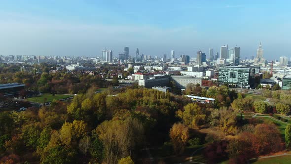 Aerial of Warsaws skyline over urban greenery area and vibrant city, near Centrum Informatyki Statys