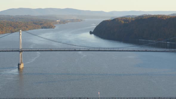 Aerial of walkway and Mid-Hudson Bridge over Hudson river