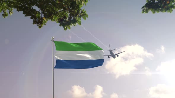 Sierra Leone Flag With Airplane And City -3D rendering 