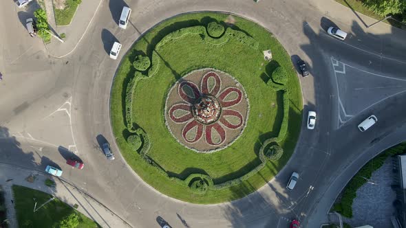  Aerial View of Roundabout Road with Circular Cars in Small European City at Sunny Day