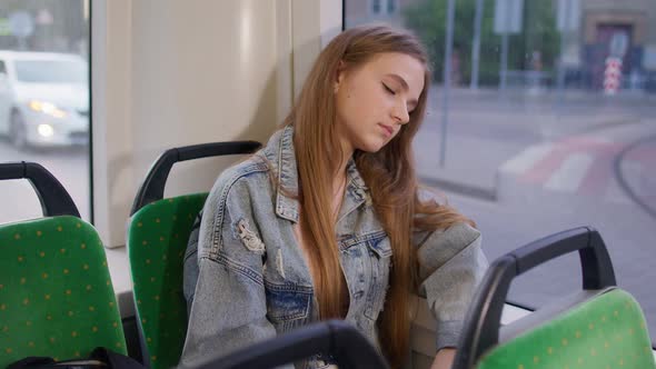 Exhausted Woman Citizen Playing on Smartphone Chatting Texting Falling Asleep in Public Transport