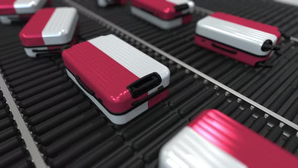 Suitcases with Flag of Poland on Roller Conveyer. Polish Tourism Conceptual Animation