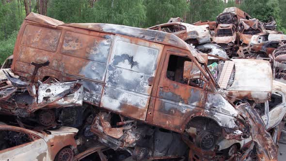 War in Ukraine a Dump of Shot and Burned Cars in Irpin Bucha District